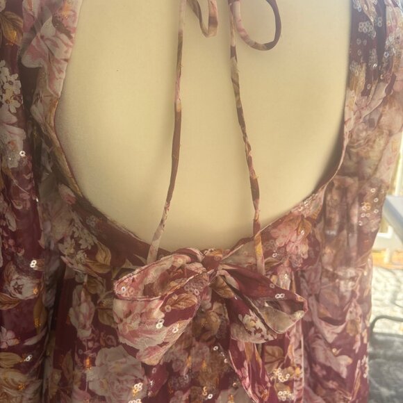 Altar'd State XS Maxi Dress Prom Lined Maroon Flowers Sequins Halter Bow Ruffles - Picture 3 of 7